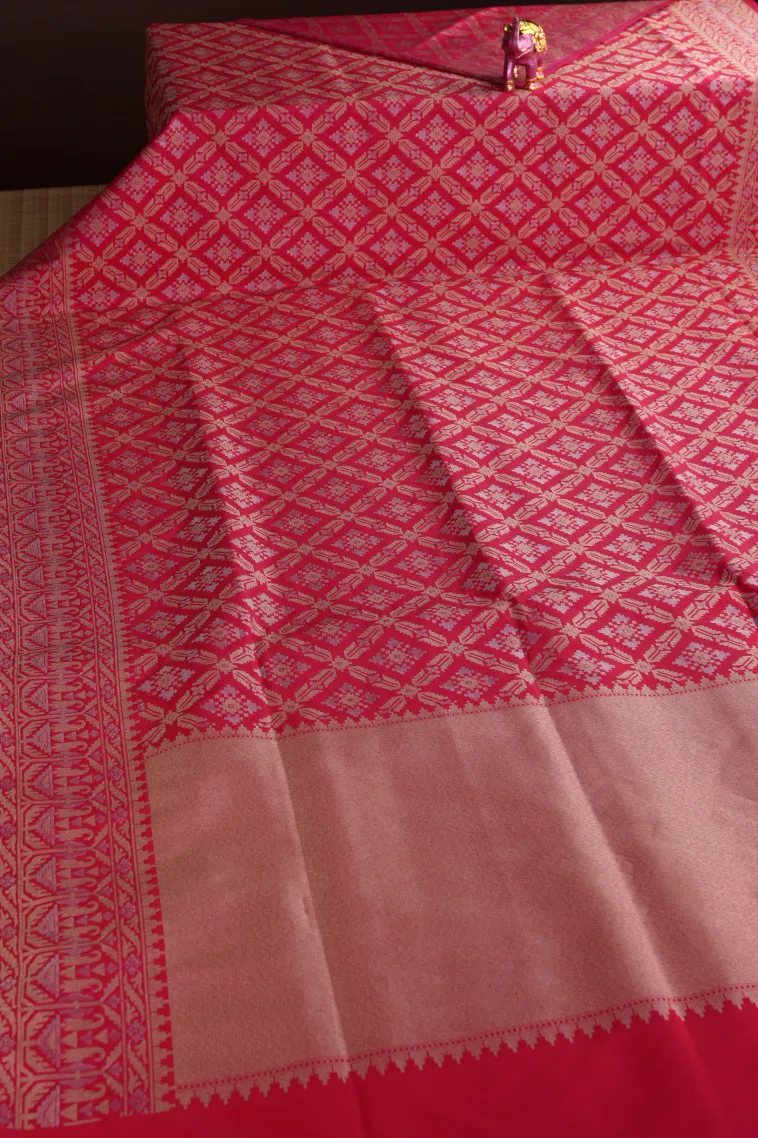 Punch Pink Tissue Banaras with Gold And Silver Zari Geometric Shapes view 2
