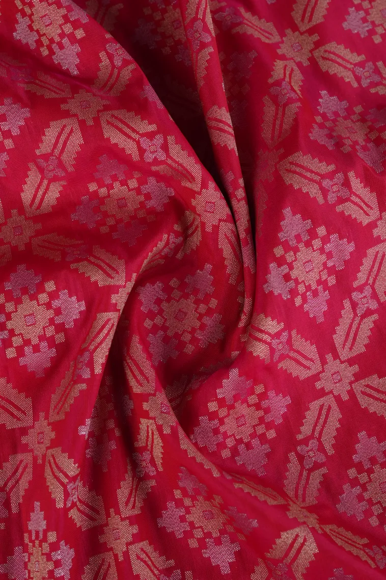 Punch Pink Tissue Banaras with Gold And Silver Zari Geometric Shapes view 4