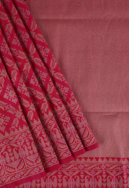 Punch Pink Tissue Banaras with Gold And Silver Zari Geometric Shapes