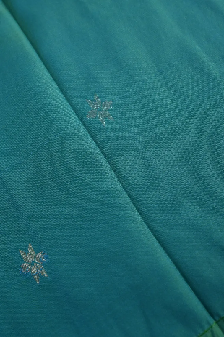 Teal Blue Tissue Banaras with Gold And Silver Zari Geometric Shapes view 3
