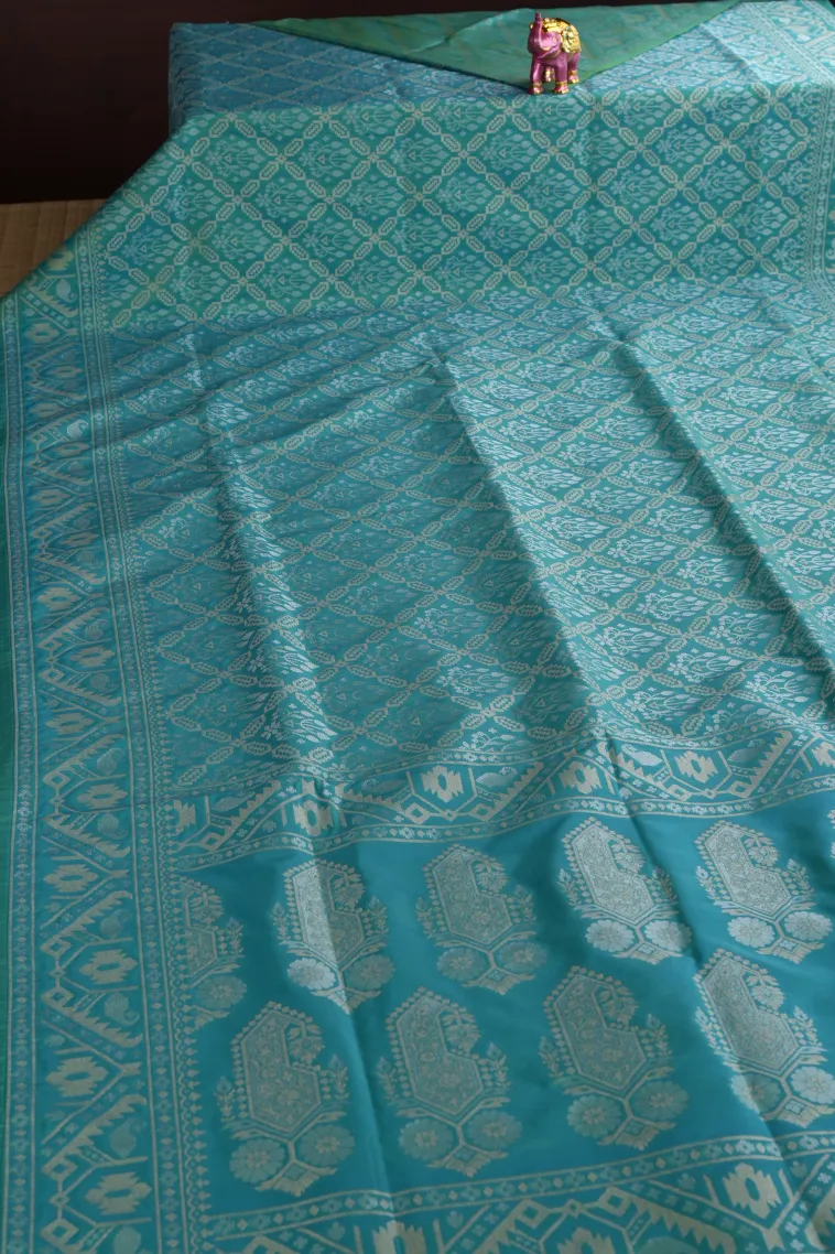 Teal Blue Tissue Banaras with Gold And Silver Zari Geometric Shapes view 2