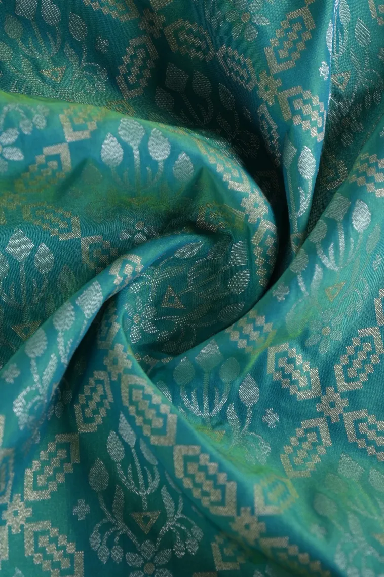 Teal Blue Tissue Banaras with Gold And Silver Zari Geometric Shapes view 4