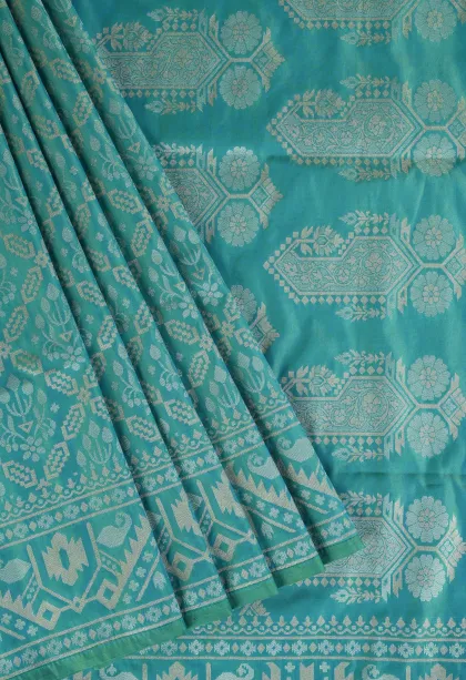 Teal Blue Tissue Banaras with Gold And Silver Zari Geometric Shapes