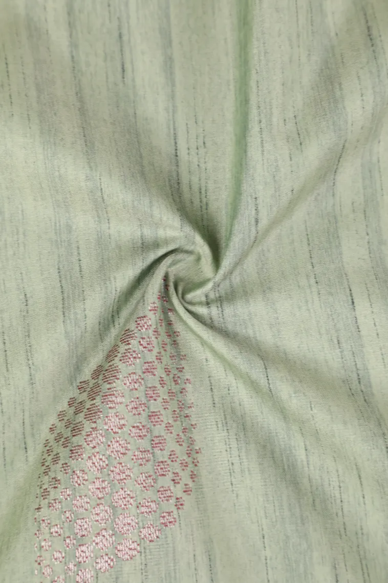 Pistachio Green Soft Silk Saree with Antic Zari Leaf Puttas view 4