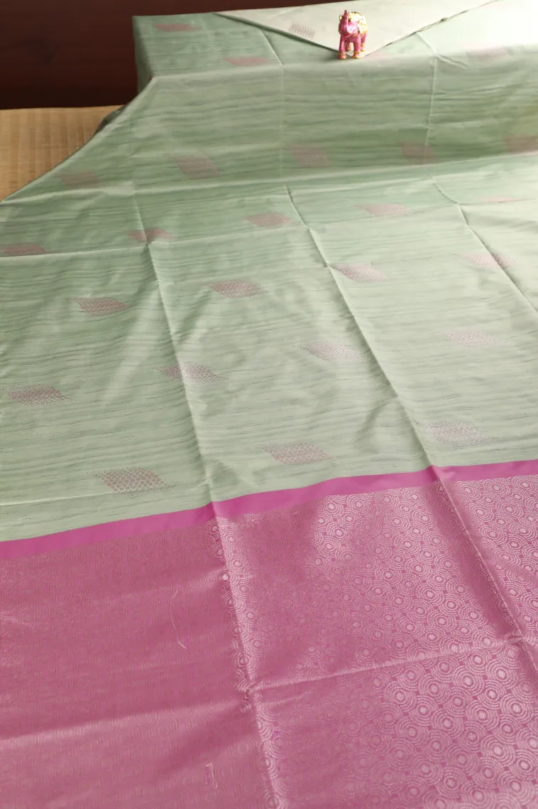 Pistachio Green Soft Silk Saree with Antic Zari Leaf Puttas view 2