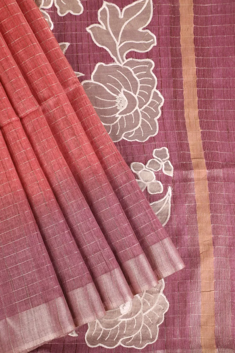Peach Pink Semi Tussar Silk with Gold Zari Checks