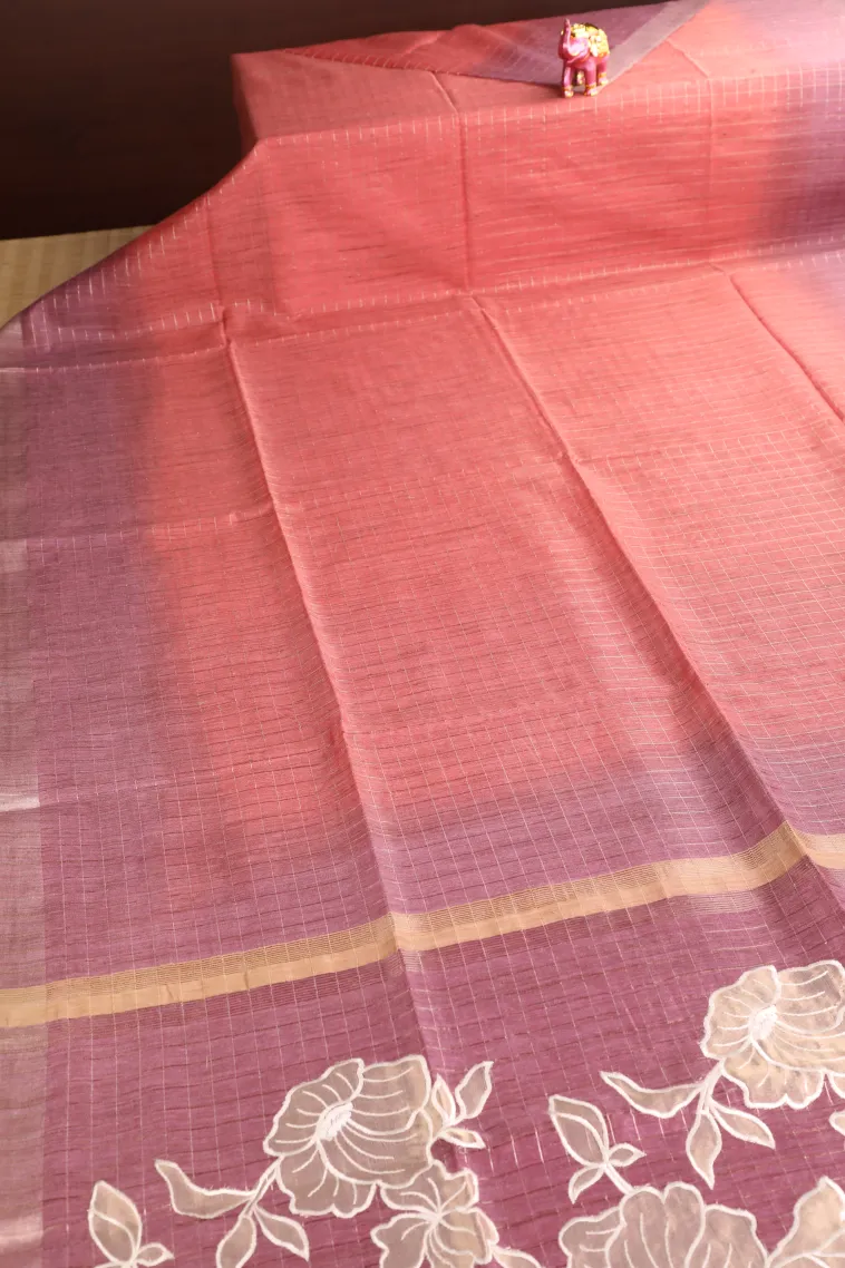 Peach Pink Semi Tussar Silk with Gold Zari Checks view 2