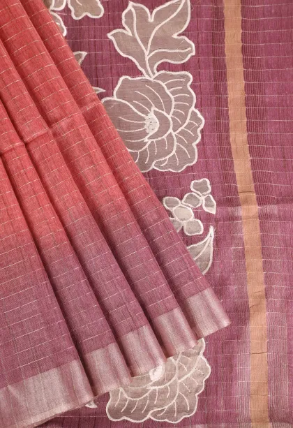Peach Pink Semi Tussar Silk with Gold Zari Checks