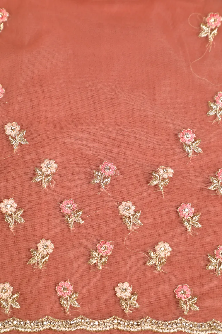 Peach Pink Designer Sarees with Gold Zari Floral Patterns view 3
