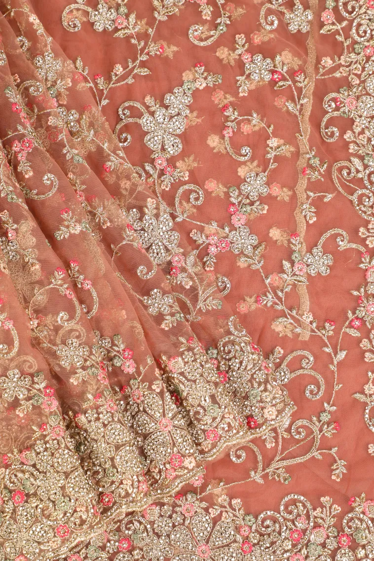 Peach Pink Designer Sarees with Gold Zari Floral Patterns view 1