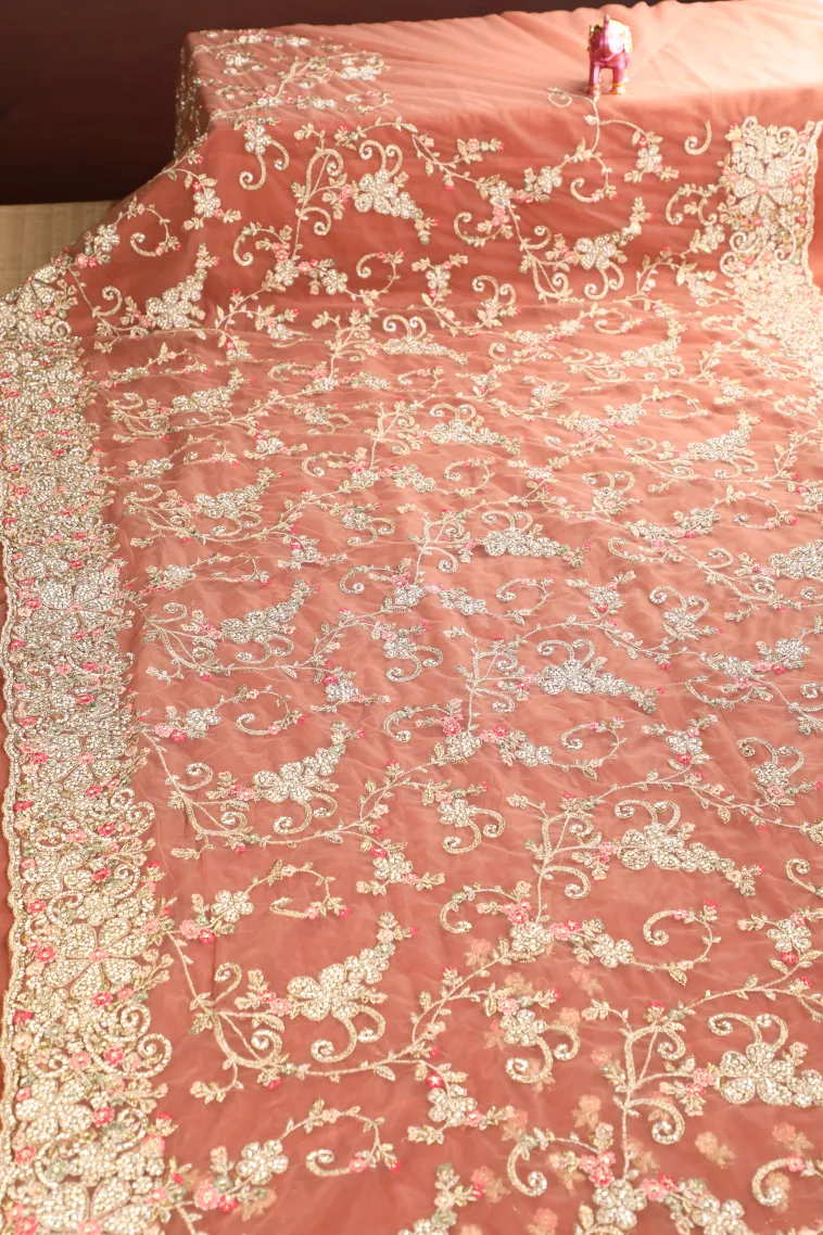 Peach Pink Designer Sarees with Gold Zari Floral Patterns view 2