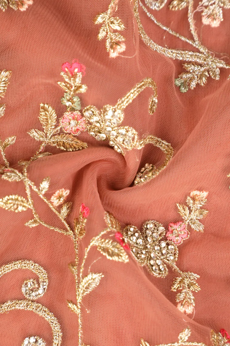 Peach Pink Designer Sarees with Gold Zari Floral Patterns view 4