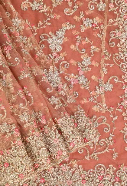 Peach Pink Designer Sarees with Gold Zari Floral Patterns