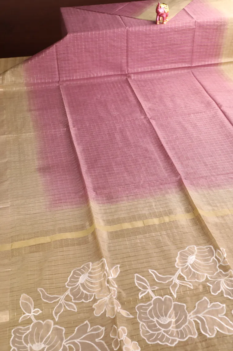 Magenta Purple Semi Tussar Silk with Gold Zari Checks view 2