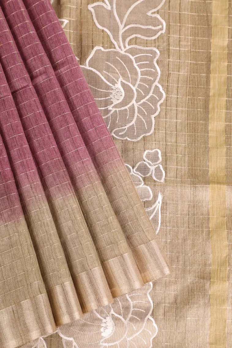 Magenta Purple Semi Tussar Silk with Gold Zari Checks