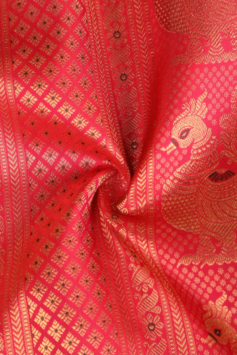 Punch Pink Kanchipuram Silk Sarees with Gold Zari Peacock Motifs view 4