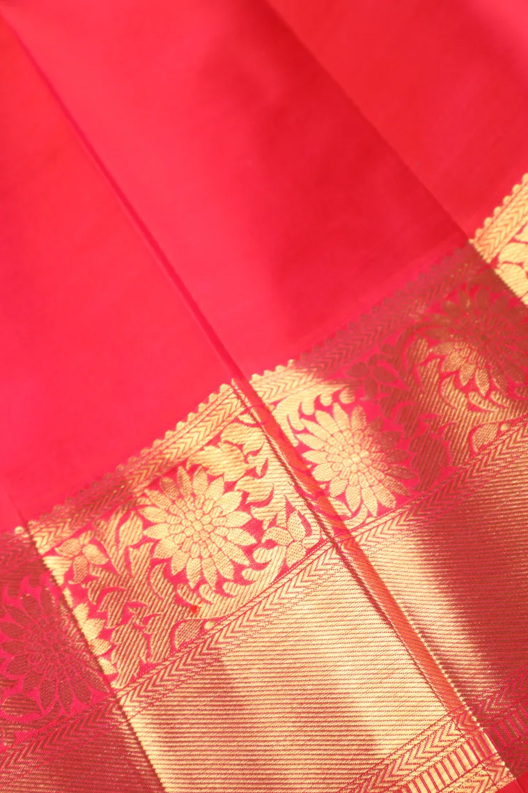 Punch Pink Kanchipuram Silk Sarees with Gold Zari Peacock Motifs view 3