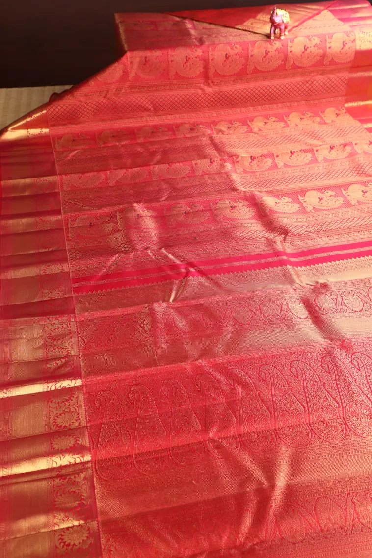 Punch Pink Kanchipuram Silk Sarees with Gold Zari Peacock Motifs view 2