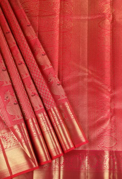 Punch Pink Kanchipuram Silk Sarees with Gold Zari Peacock Motifs