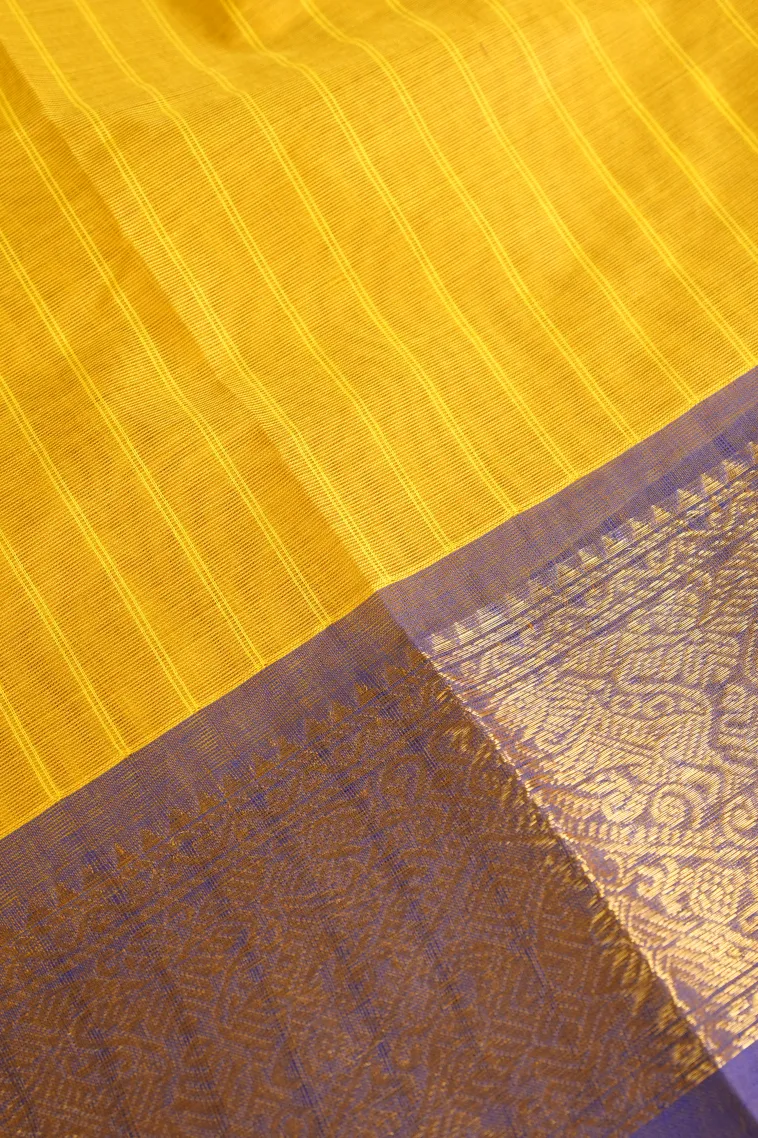 Lemon Yellow Chettinad Cotton Sarees with Gold Zari Stripes And Puttas view 3
