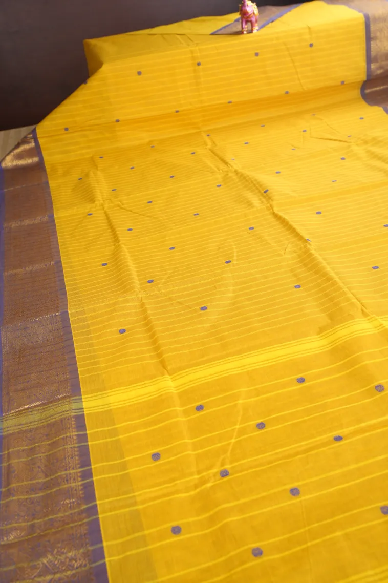 Lemon Yellow Chettinad Cotton Sarees with Gold Zari Stripes And Puttas view 2