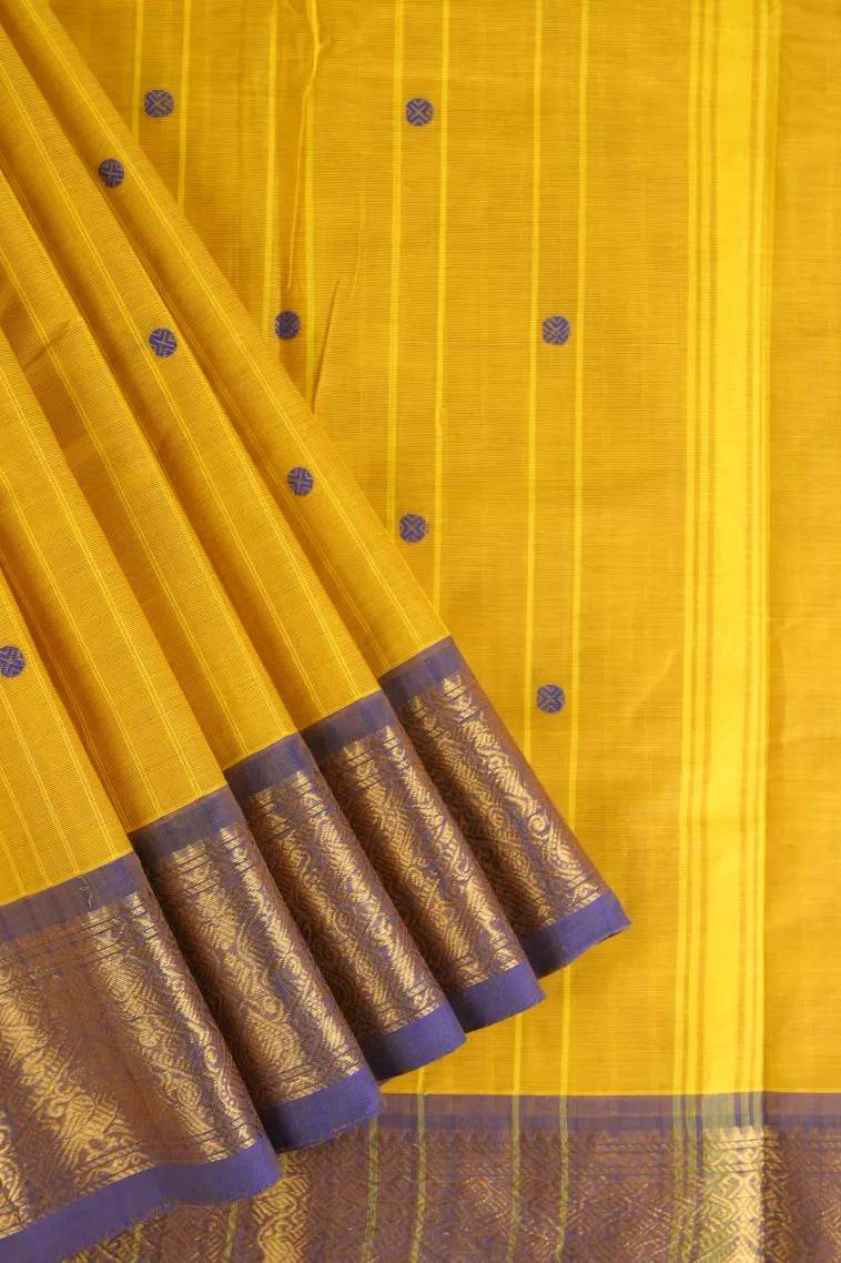 Lemon Yellow Chettinad Cotton Sarees with Gold Zari Stripes And Puttas