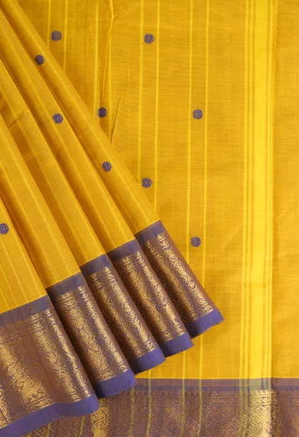 Lemon Yellow Chettinad Cotton Sarees with Gold Zari Stripes And Puttas