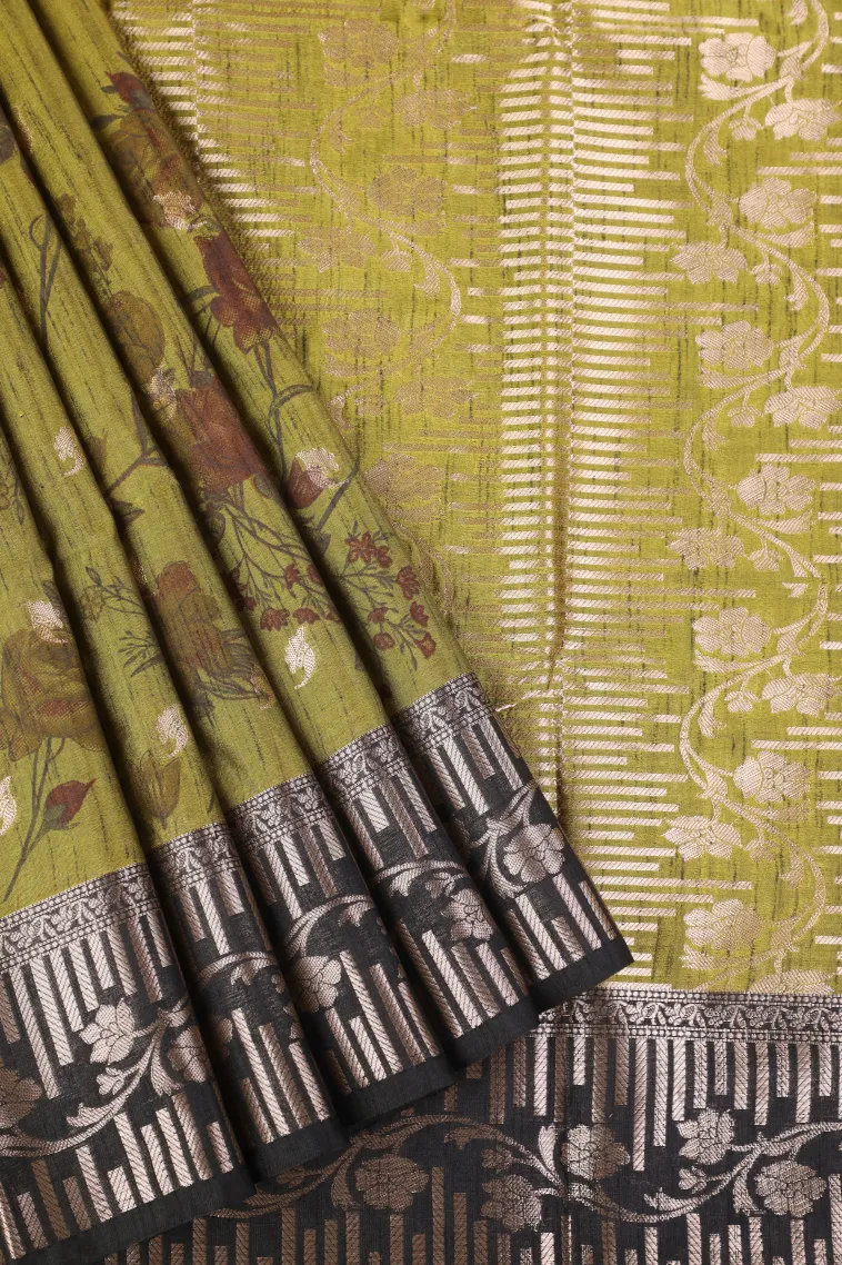 Olive Green Semi Tussar Silk with Bronze Zari Floral Patterns