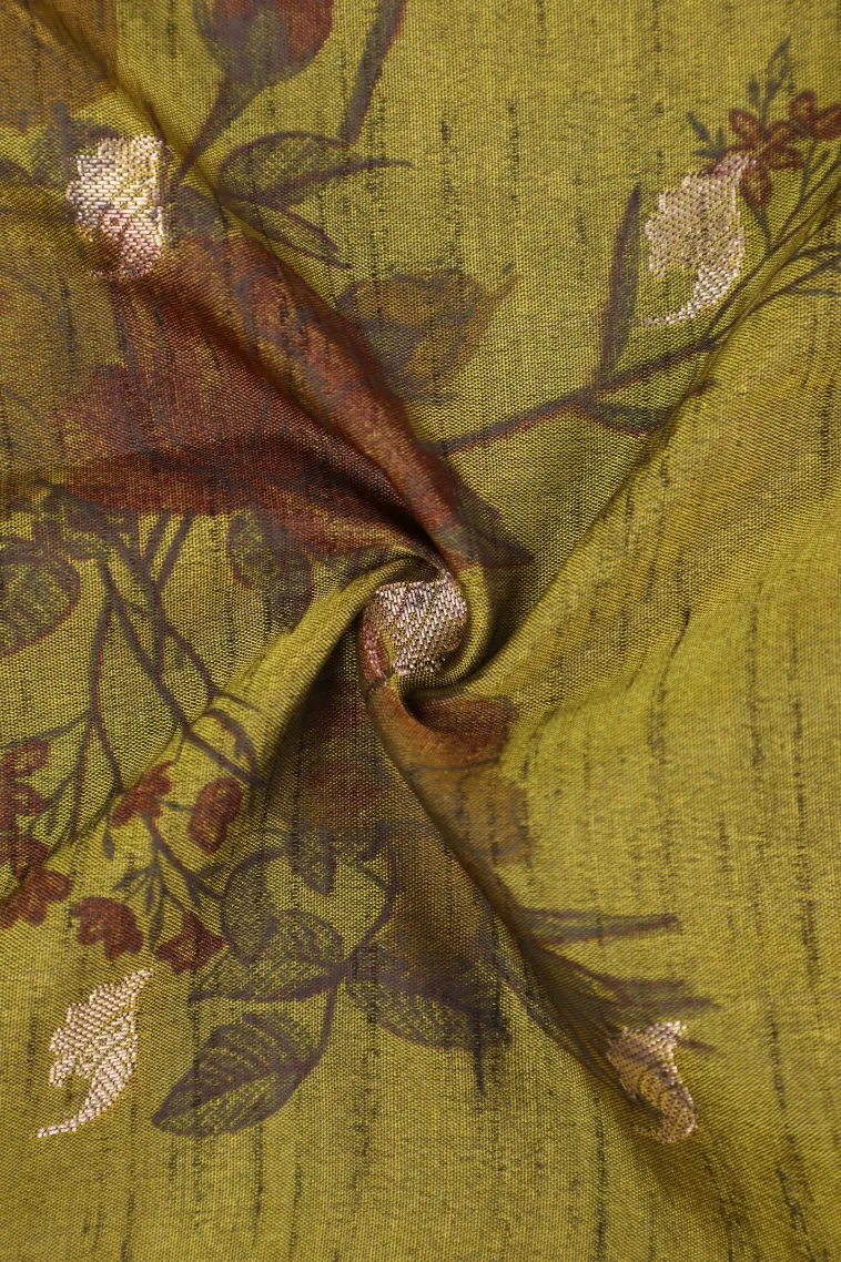 Olive Green Semi Tussar Silk with Bronze Zari Floral Patterns view 4