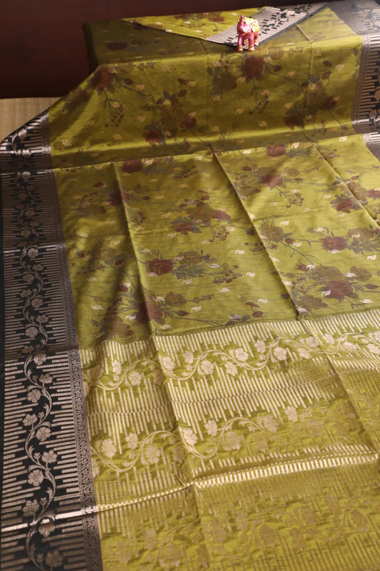 Olive Green Semi Tussar Silk with Bronze Zari Floral Patterns view 2