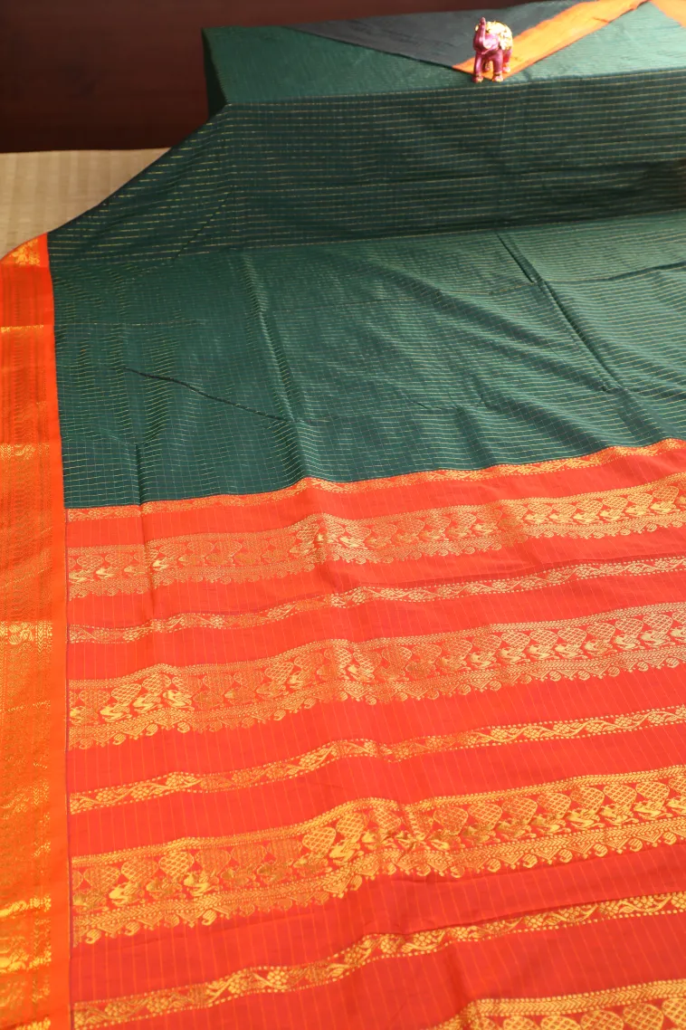 Bottle Green Kalyani Cotton with Gold Zari Small Checks Pattern view 2