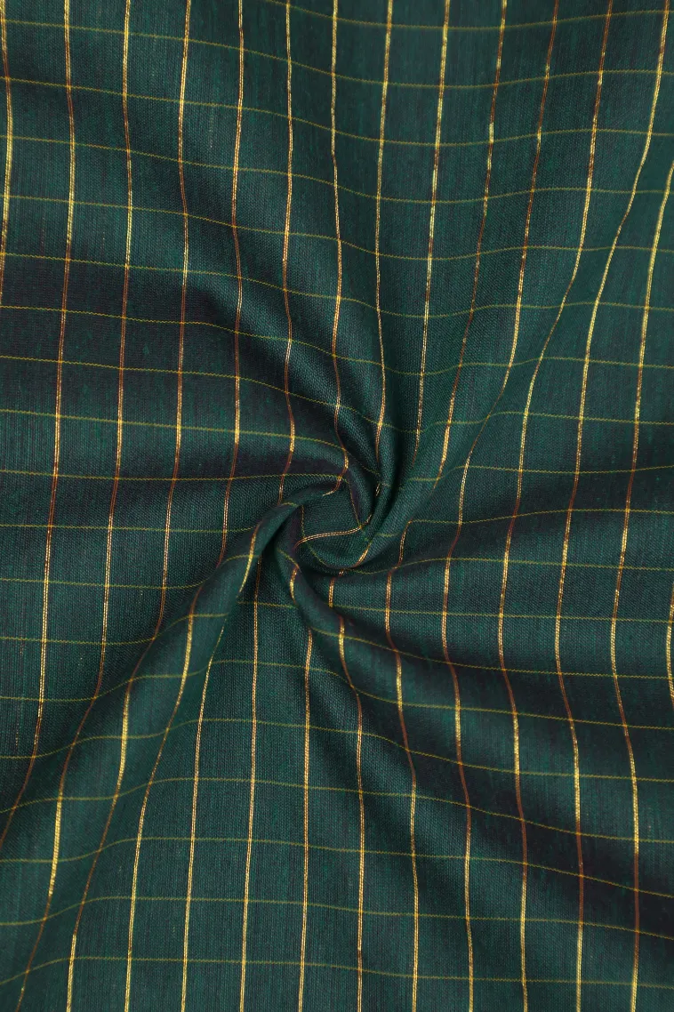 Bottle Green Kalyani Cotton with Gold Zari Small Checks Pattern view 4