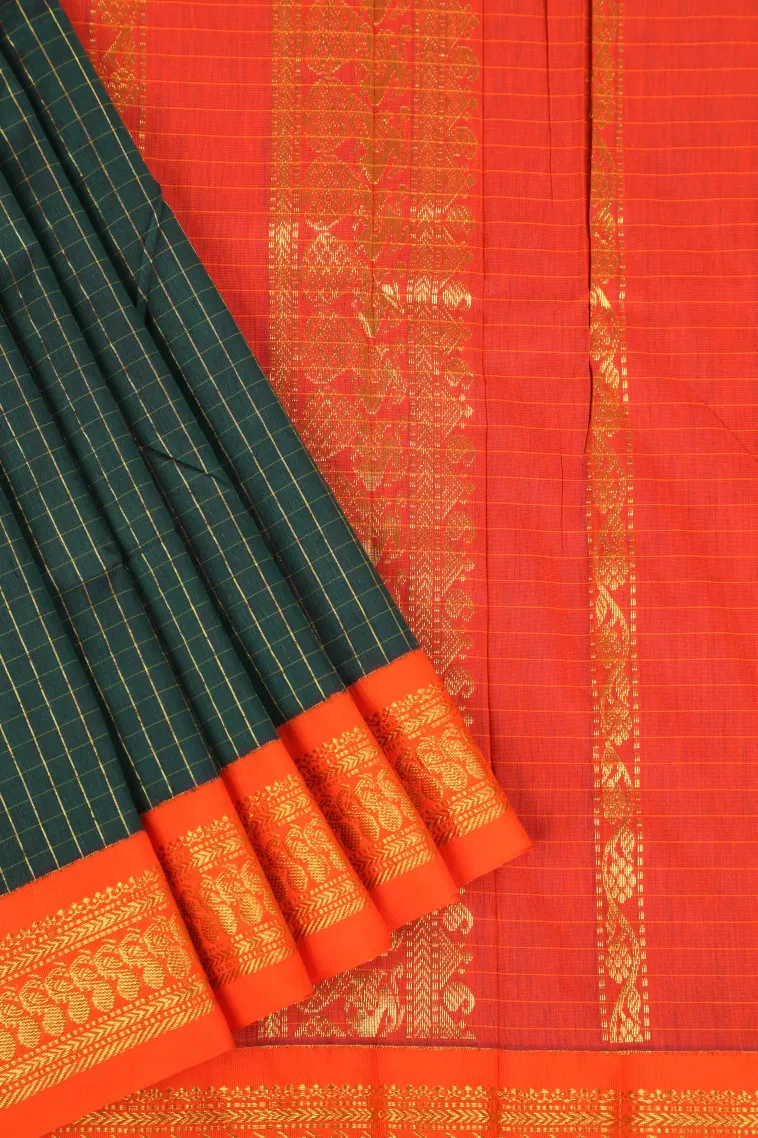 Bottle Green Kalyani Cotton with Gold Zari Small Checks Pattern