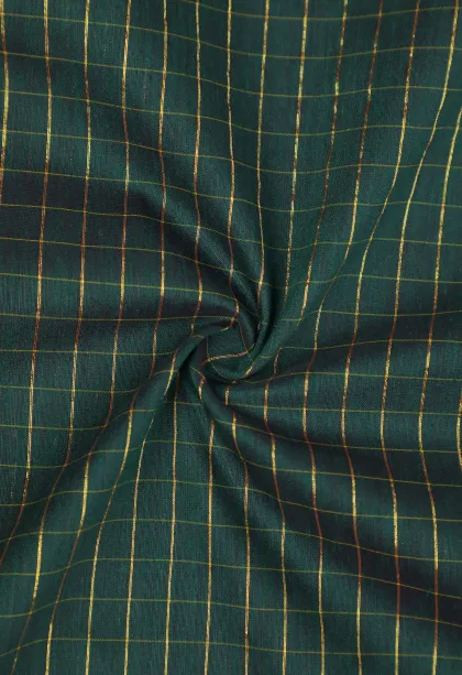 Bottle Green Kalyani Cotton with Gold Zari Small Checks Pattern