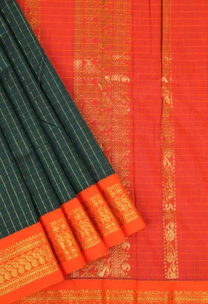 Bottle Green Kalyani Cotton with Gold Zari Small Checks Pattern