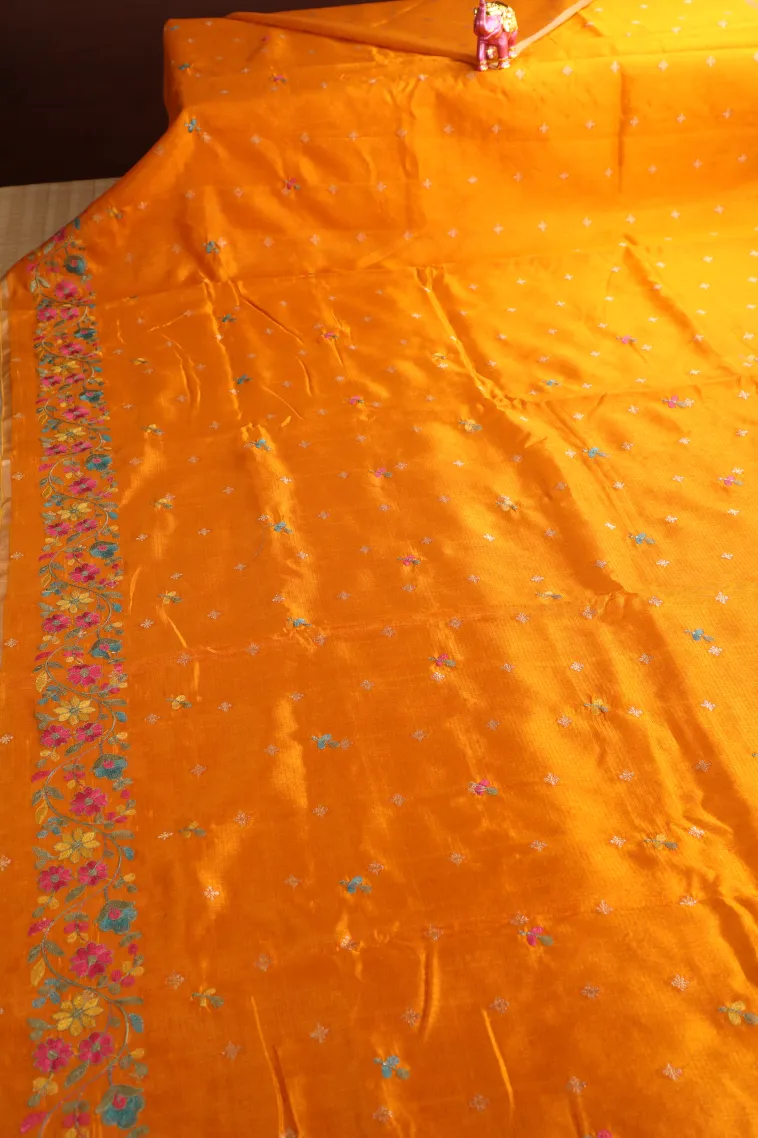 Honey Orange Manipuri Cotton Sarees with Thread Zari Buttis (small Dots Or Motifs) view 2