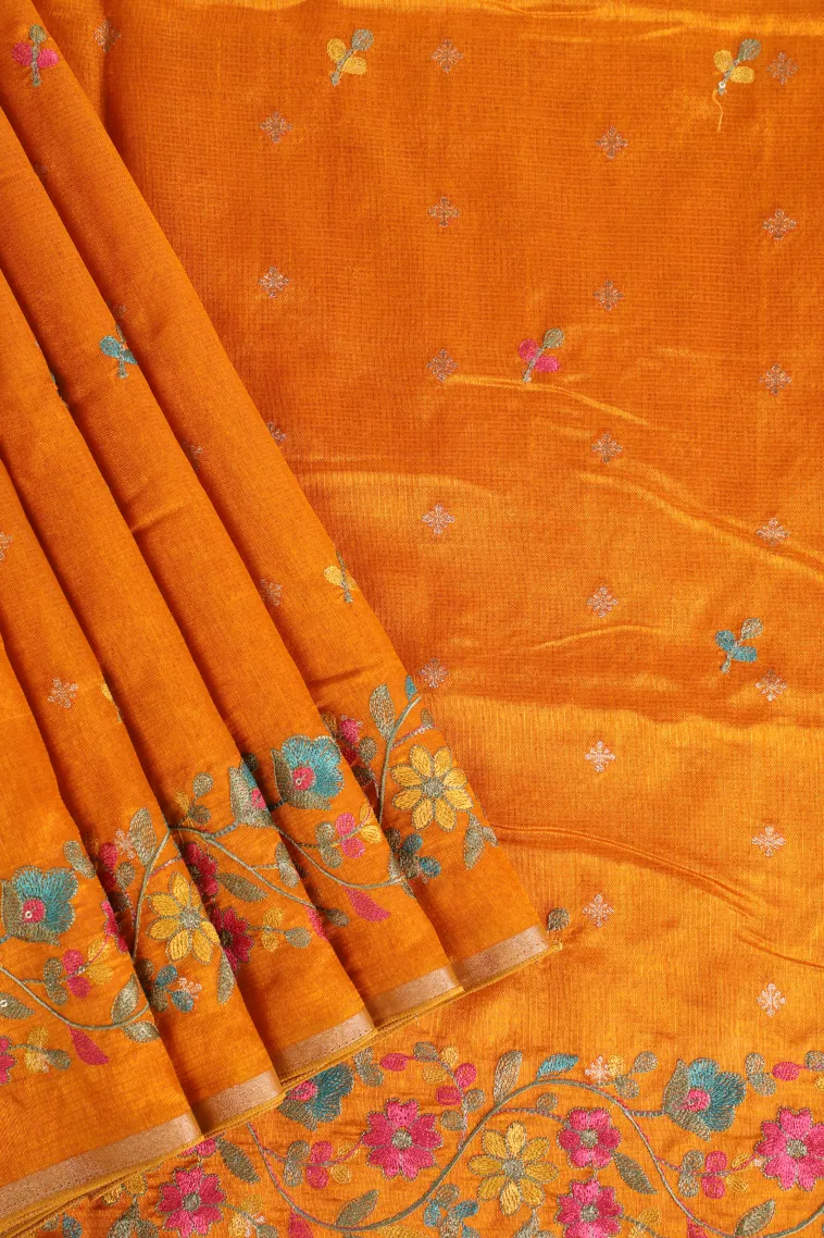 Honey Orange Manipuri Cotton Sarees with Thread Zari Buttis (small Dots Or Motifs)
