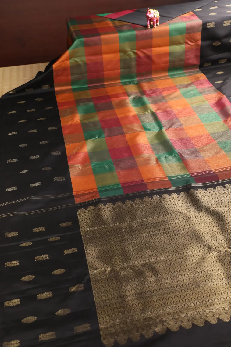 Carrot Orange Kanchipuram Silk Sarees with Gold Zari Checks view 2