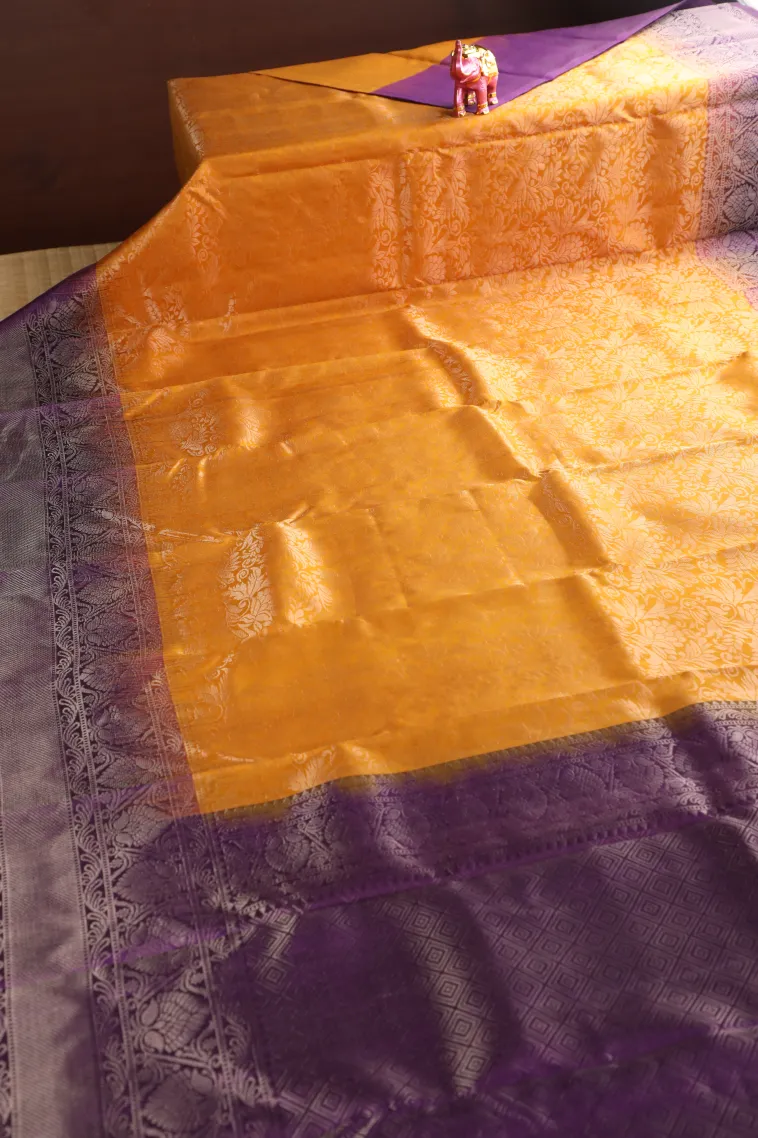 Honey Orange Soft Silk Saree with Silver Zari Floral Puttas view 2