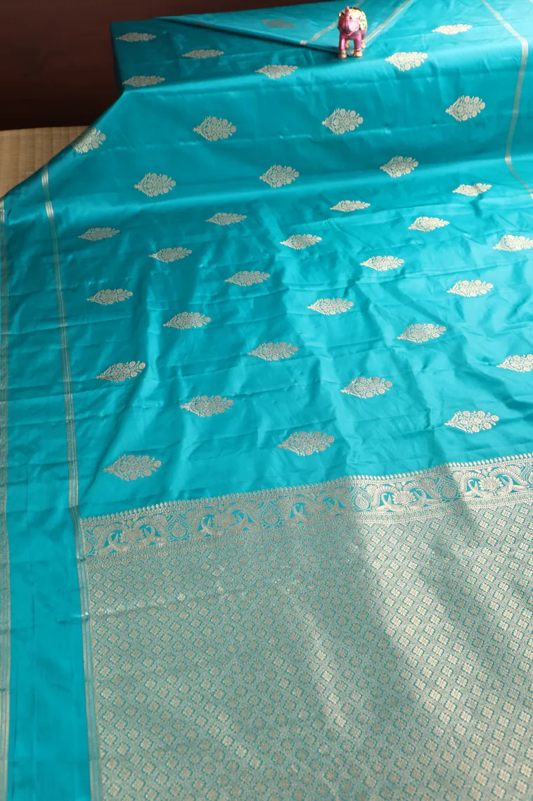 Sky Blue Mysore Silk with Gold Zari Flower Mottif view 2