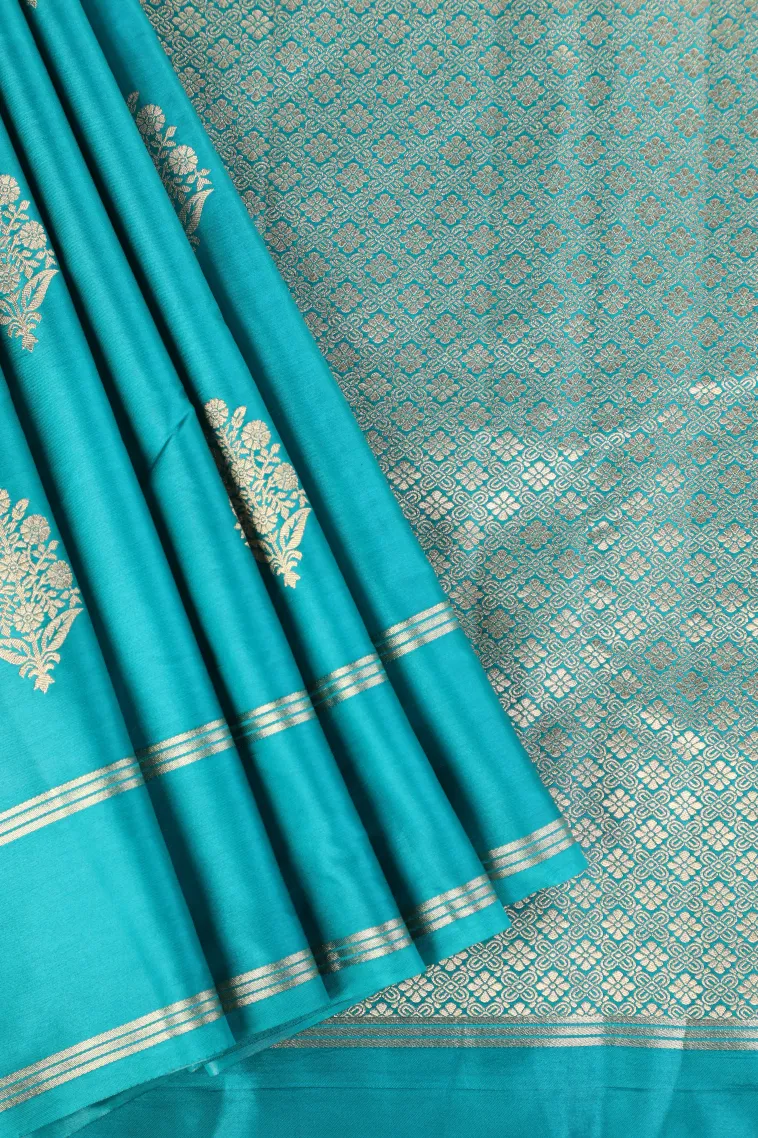 Sky Blue Mysore Silk with Gold Zari Flower Mottif