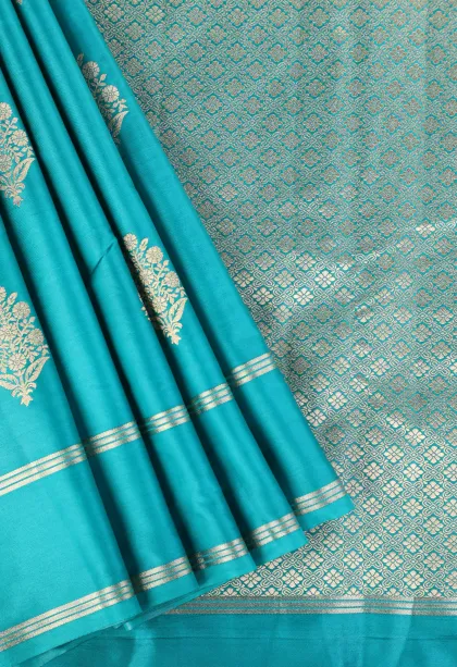 Sky Blue Mysore Silk with Gold Zari Flower Mottif