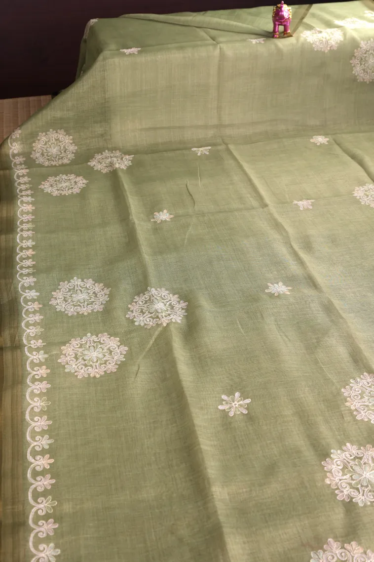 Pistachio Green Tissue Silk Sarees with Gold Zari Rangoli Pattren view 2