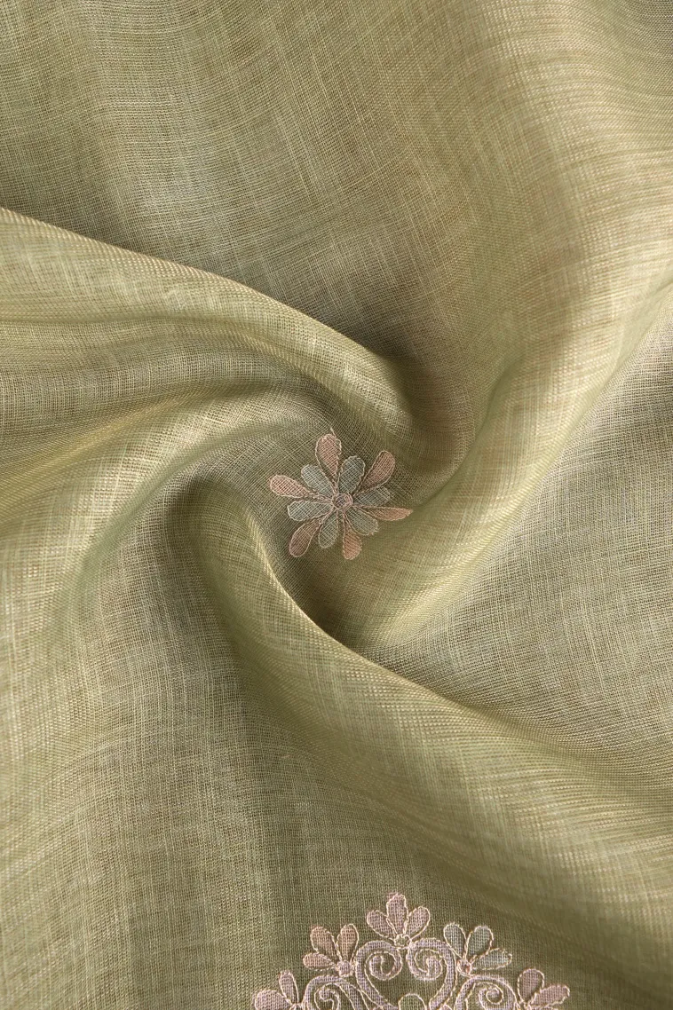 Pistachio Green Tissue Silk Sarees with Gold Zari Rangoli Pattren view 4