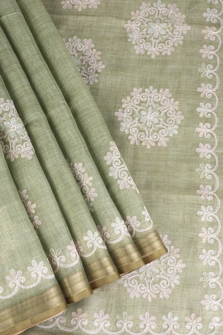 Pistachio Green Tissue Silk Sarees with Gold Zari Rangoli Pattren view 1