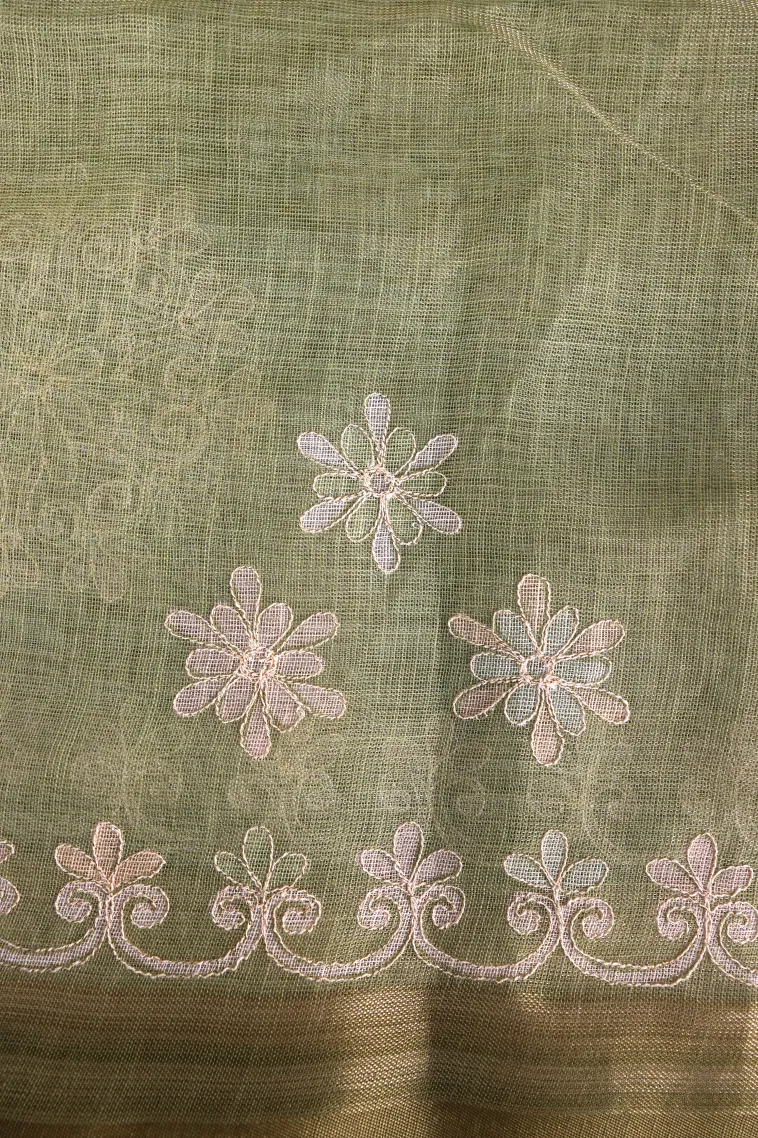Pistachio Green Tissue Silk Sarees with Gold Zari Rangoli Pattren view 3