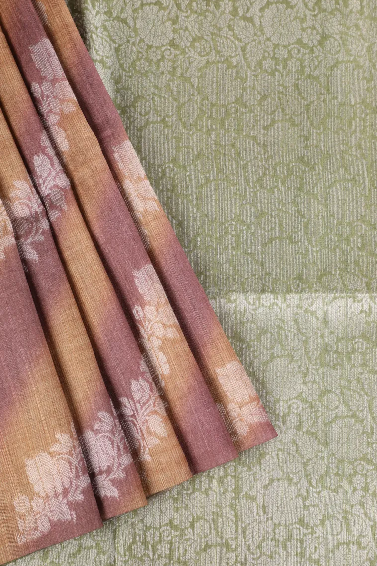 Tortilla Brown Tussar Saree with Bronze Zari Cross Stripes