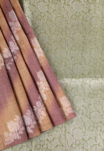 Tortilla Brown Tussar Saree with Bronze Zari Cross Stripes