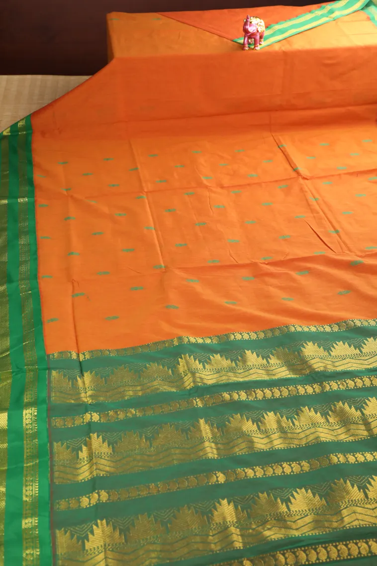 Fire Orange Kalyani Cotton with Gold Zari Buttis (small Dots Or Motifs) view 2