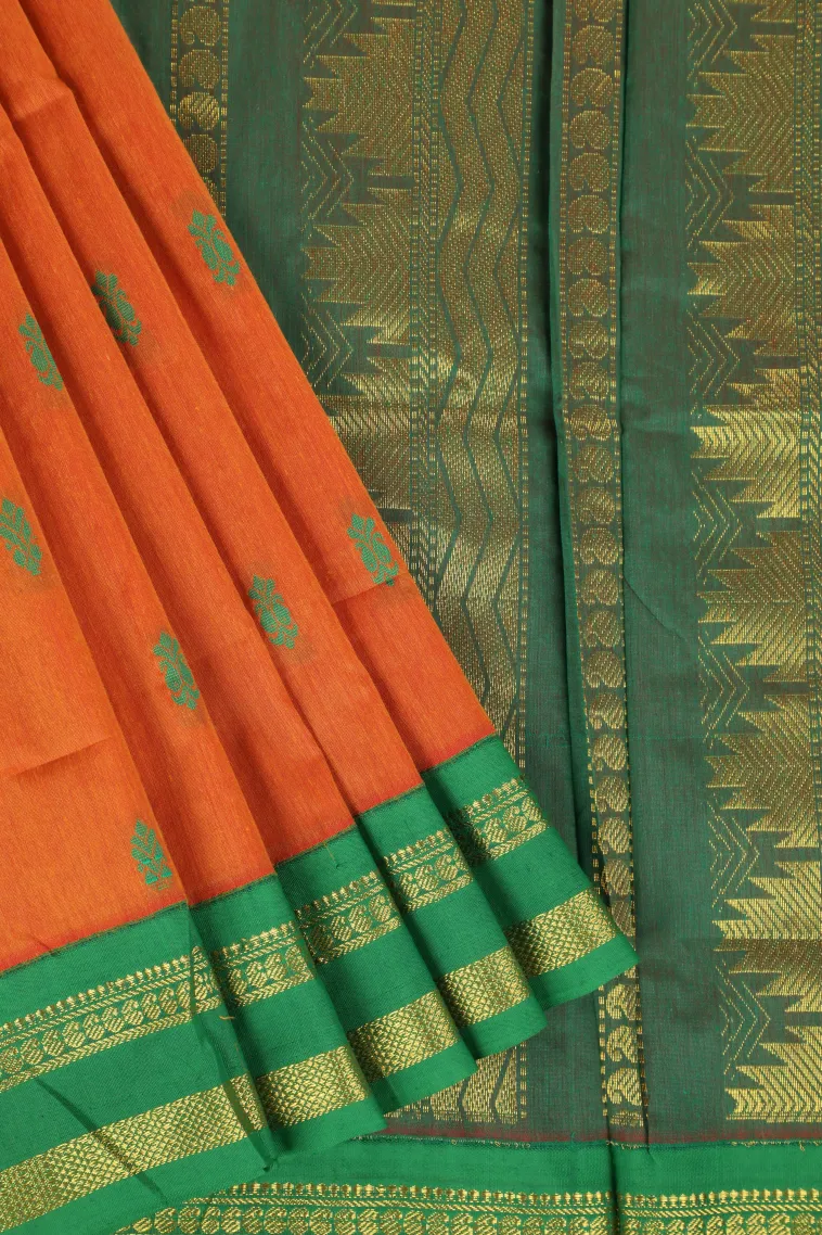 Fire Orange Kalyani Cotton with Gold Zari Buttis (small Dots Or Motifs)